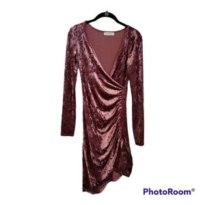 Bear Dance asymmetrical pink velvet deep V-Neck dress